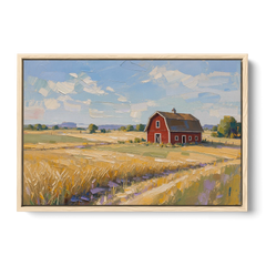 Red Barn Across Golden Grain Fields - Oak Framed Canvas Wall Art - Front