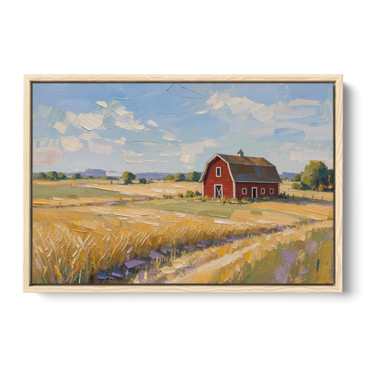 Red Barn Across Golden Grain Fields - Oak Framed Canvas Wall Art - Front
