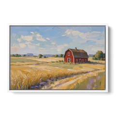 Red Barn Across Golden Grain Fields - White Framed Canvas Wall Art - Front