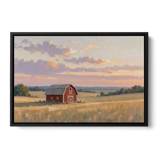 Red Barn Painting at Summer Dusk - Black Framed Canvas Wall Art - Front