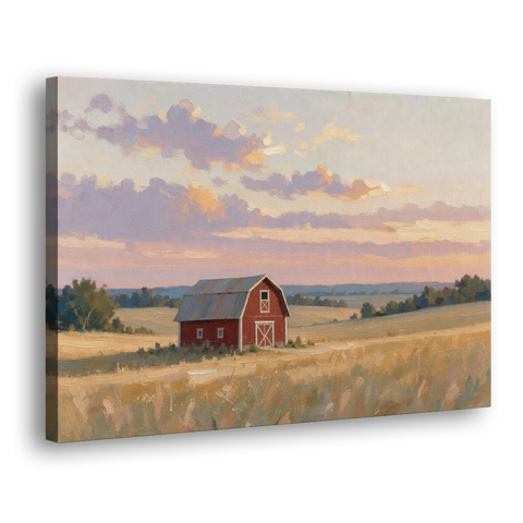 Red Barn Painting at Summer Dusk - Canvas Wall Art - Side