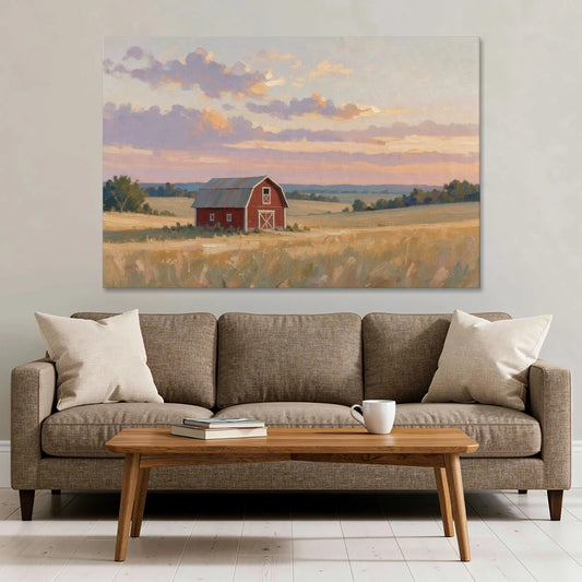 Red Barn Painting at Summer Dusk - Canvas Wall Art - Sofa - 60x40