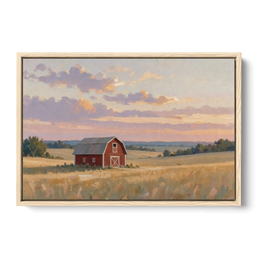 Red Barn Painting at Summer Dusk - Oak Framed Canvas Wall Art - Front