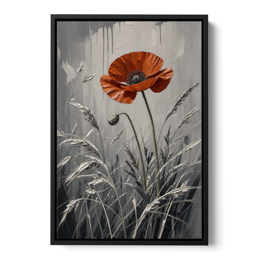 Red Black White Wall Art of a Lone Poppy - Black Framed Canvas Wall Art - Front