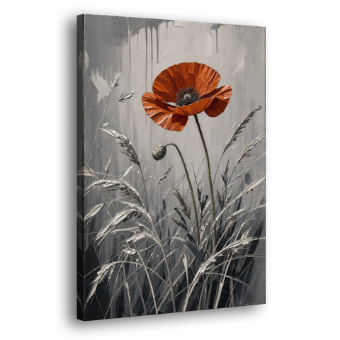 Red Black White Wall Art of a Lone Poppy - Canvas Wall Art - Side