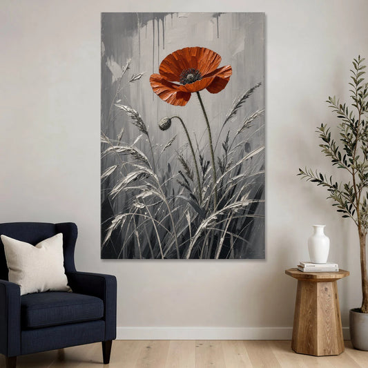 Red Black White Wall Art of a Lone Poppy - Canvas Wall Art - Sofa - 40x60