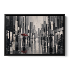 Red Black and White Wall Art of Rainy Streets - Black Framed Canvas Wall Art - Front