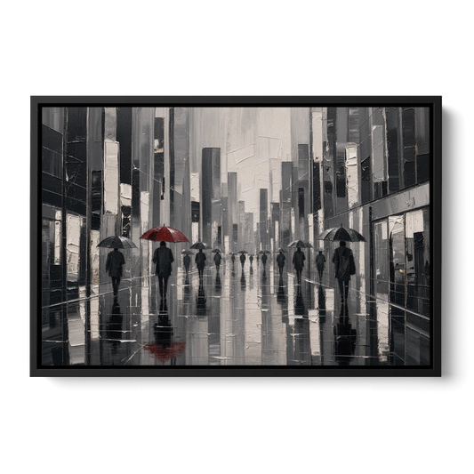 Red Black and White Wall Art of Rainy Streets - Black Framed Canvas Wall Art - Front