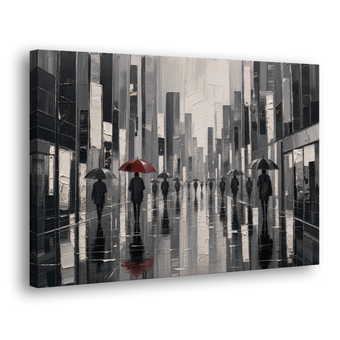 Red Black and White Wall Art of Rainy Streets - Canvas Wall Art - Side