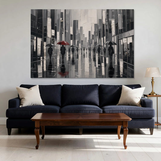 Red Black and White Wall Art of Rainy Streets - Canvas Wall Art - Sofa - 60x40