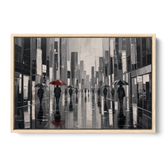 Red Black and White Wall Art of Rainy Streets - Oak Framed Canvas Wall Art - Front