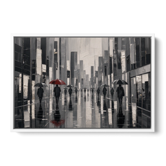 Red Black and White Wall Art of Rainy Streets - White Framed Canvas Wall Art - Front