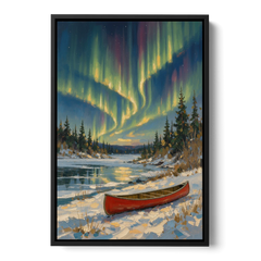 Red Canoe Under the Northern Lights - Black Framed Canvas Wall Art - Front