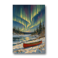 Red Canoe Under the Northern Lights - Canvas Wall Art - Front