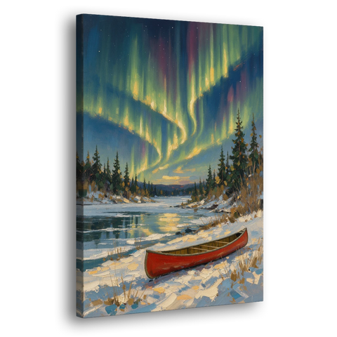 Red Canoe Under the Northern Lights - Canvas Wall Art - Side