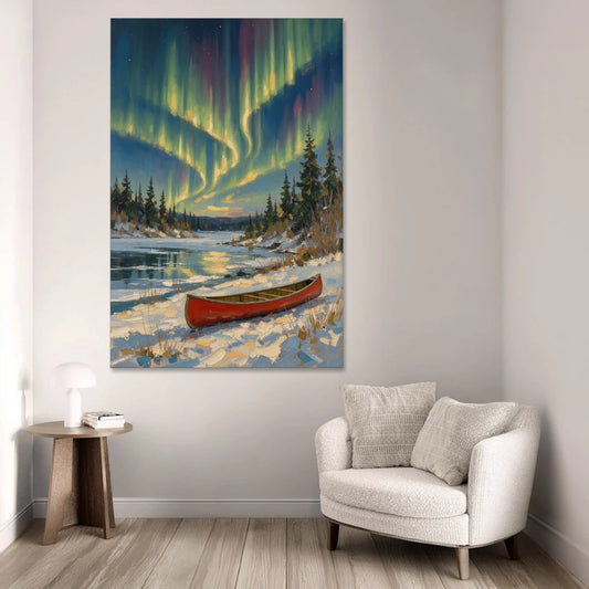 Red Canoe Under the Northern Lights - Canvas Wall Art - Sofa - 40x60