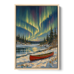 Red Canoe Under the Northern Lights - Oak Framed Canvas Wall Art - Front