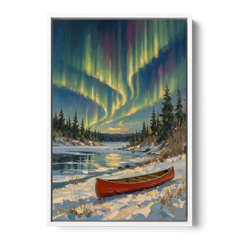 Red Canoe Under the Northern Lights - White Framed Canvas Wall Art - Front
