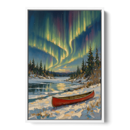 Red Canoe Under the Northern Lights - White Framed Canvas Wall Art - Front