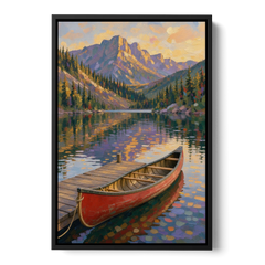 Red Canoe at the Mountain Lake Dock for the Cabin - Black Framed Canvas Wall Art - Front