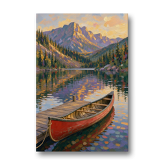 Red Canoe at the Mountain Lake Dock for the Cabin - Canvas Wall Art - Front