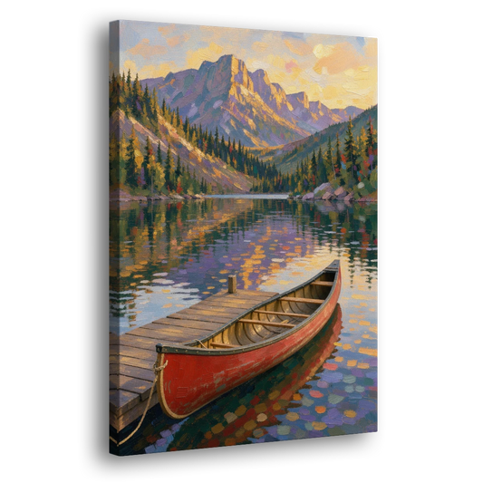 Red Canoe at the Mountain Lake Dock - Canvas Wall Art - Side
