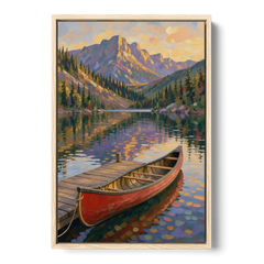 Red Canoe at the Mountain Lake Dock for the Cabin - Oak Framed Canvas Wall Art - Front
