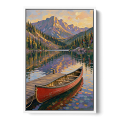 Red Canoe at the Mountain Lake Dock for the Cabin - White Framed Canvas Wall Art - Front