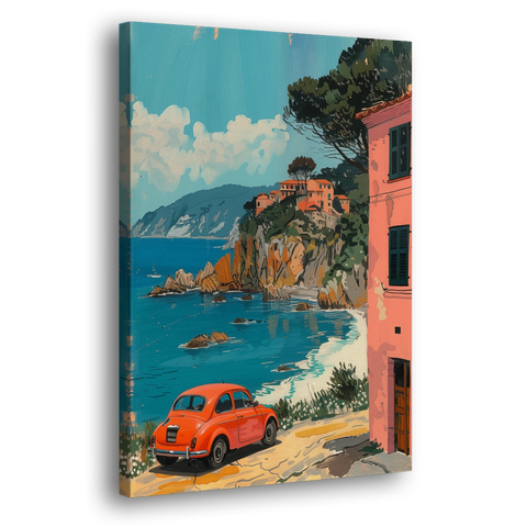Red Car Painting on the Italian Coast - Canvas Wall Art - Side