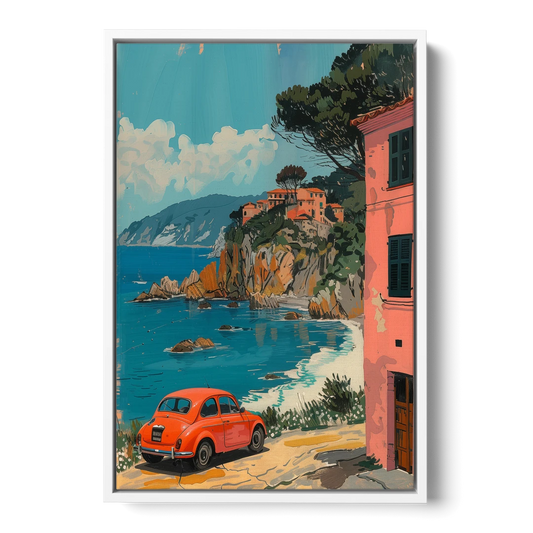 Red Car Painting on the Italian Coast - White Framed Canvas Wall Art - Front