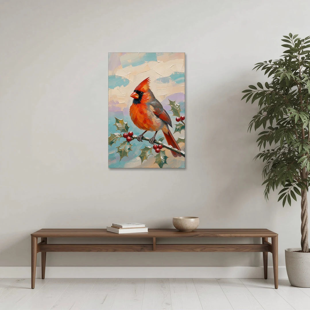 Red Cardinal Painting on Holly Sprig - Canvas Wall Art - Coffee Table - 24x36