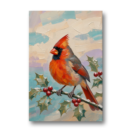 Red Cardinal Painting on Holly Sprig - Canvas Wall Art - Front