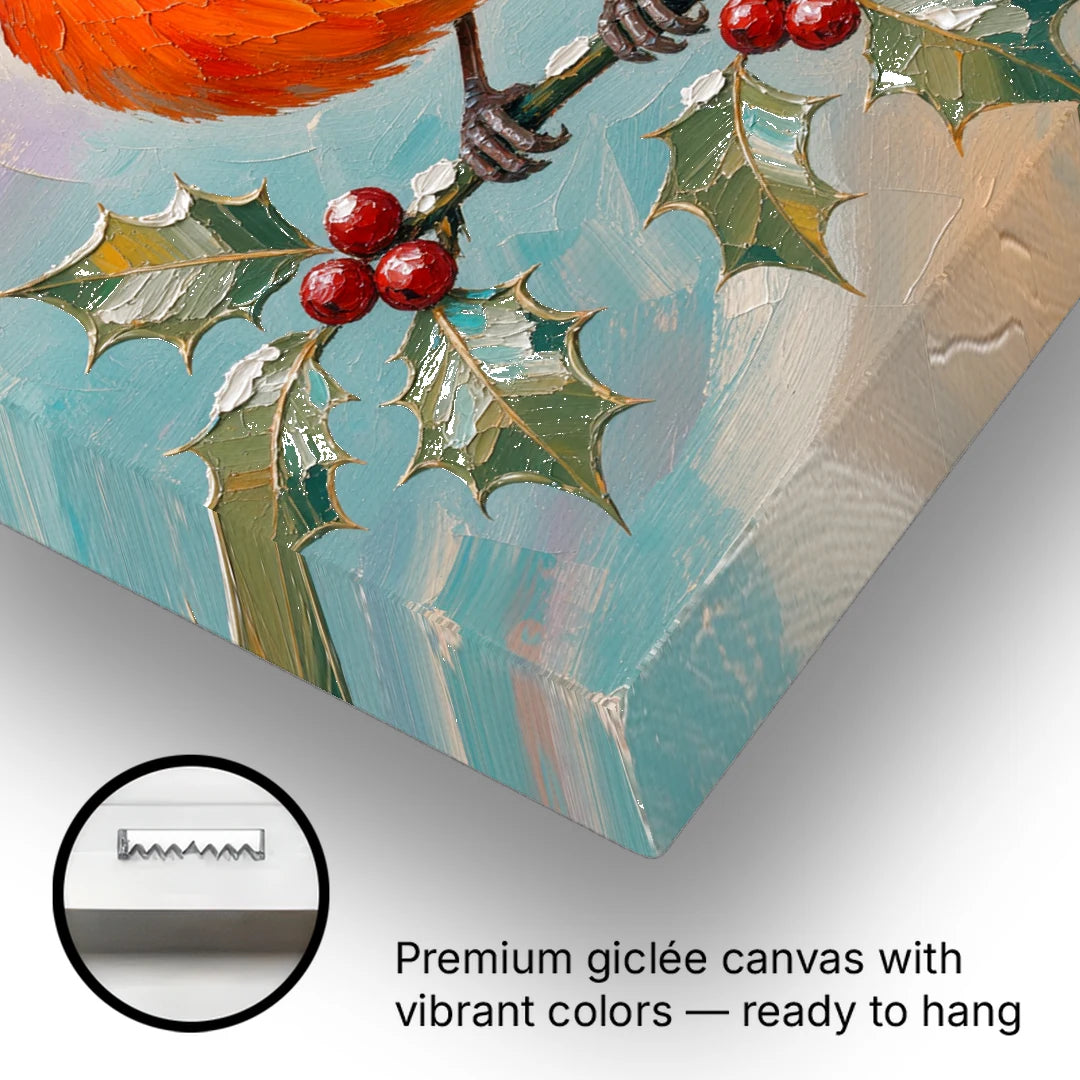 Red Cardinal Painting on Holly Sprig - Canvas Wall Art - Gallery Wrap Corner