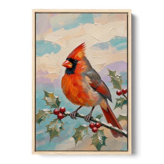 Red Cardinal Painting on Holly Sprig - Oak Framed Canvas Wall Art - Front