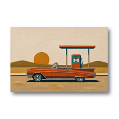 Red Convertible at a Roadside Gas Pump - Canvas Wall Art - Front