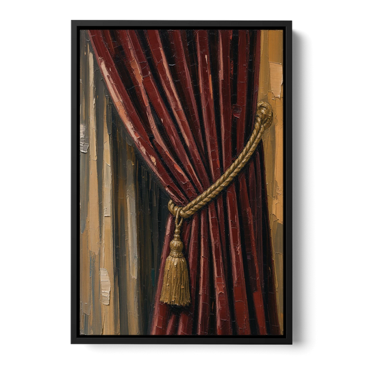 Red Curtain Painting with Gold Tassel Tieback - Black Framed Canvas Wall Art - Front