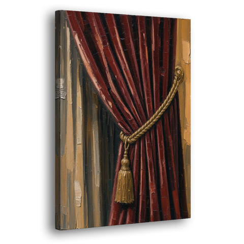 Red Curtain Painting with Gold Tassel Tieback - Canvas Wall Art - Side