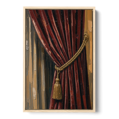Red Curtain Painting with Gold Tassel Tieback - Oak Framed Canvas Wall Art - Front