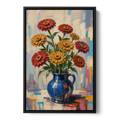 Red Floral Wall Art of Zinnias in a Cobalt Jug - Black Framed Canvas Wall Art - Front