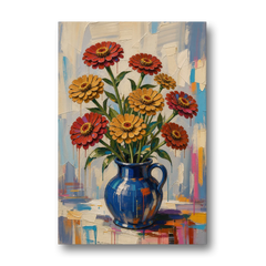 Red Floral Wall Art of Zinnias in a Cobalt Jug - Canvas Wall Art - Front