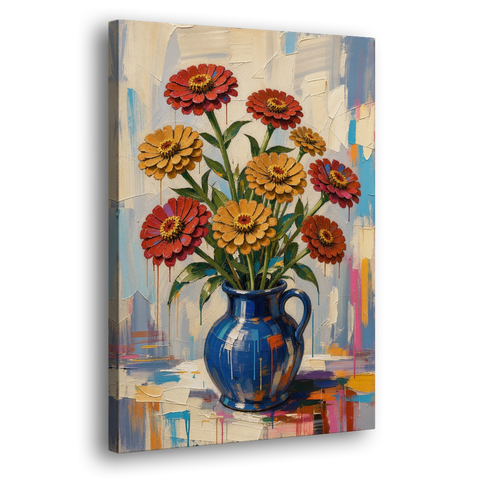 Red Floral Wall Art of Zinnias in a Cobalt Jug - Canvas Wall Art - Side