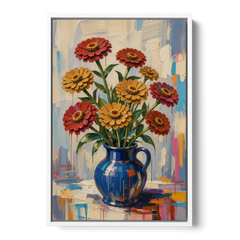 Red Floral Wall Art of Zinnias in a Cobalt Jug - White Framed Canvas Wall Art - Front