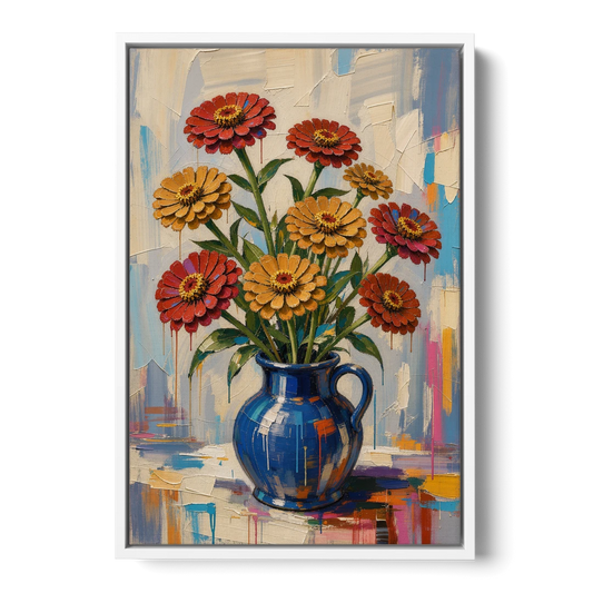 Red Floral Wall Art of Zinnias in a Cobalt Jug - White Framed Canvas Wall Art - Front