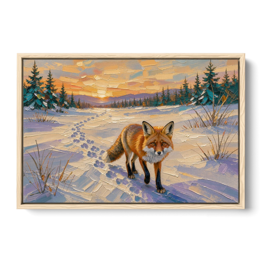 Red Fox Tracks at Winter Sunrise for the Cabin - Oak Framed Canvas Wall Art - Front