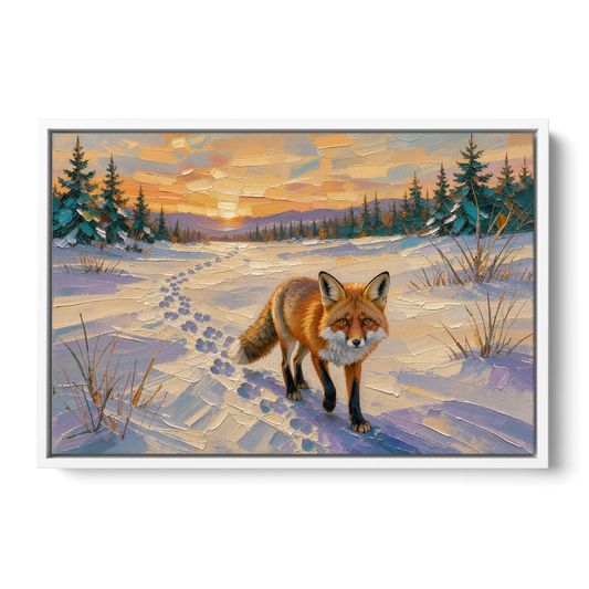 Red Fox Tracks at Winter Sunrise for the Cabin - White Framed Canvas Wall Art - Front