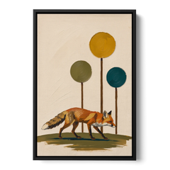 Red Fox Trotting Through Lollipop Autumn Trees - Black Framed Canvas Wall Art - Front