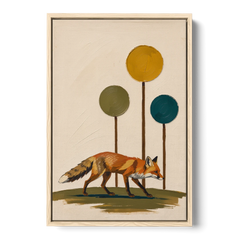 Red Fox Trotting Through Lollipop Autumn Trees - Oak Framed Canvas Wall Art - Front