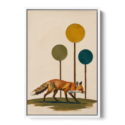 Red Fox Trotting Through Lollipop Autumn Trees - White Framed Canvas Wall Art - Front