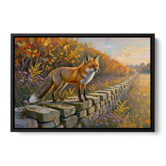 Red Fox on the Fieldstone Wall in Impasto - Black Framed Canvas Wall Art - Front