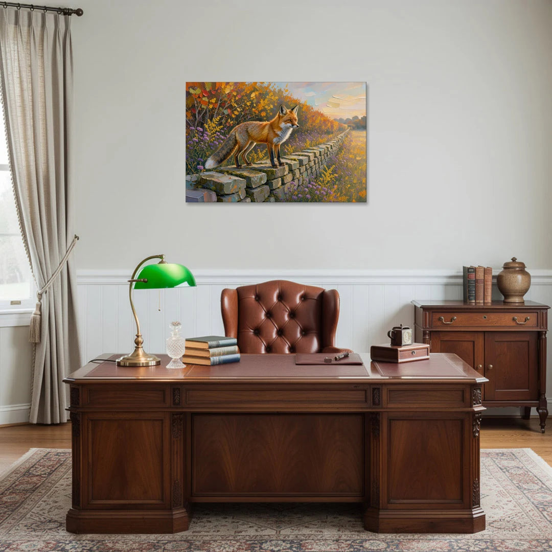 Red Fox on the Fieldstone Wall - Canvas Wall Art - Office - 36x24